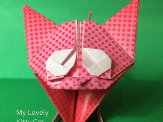 Cute red and pink dotted origami kitten
