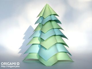 Green and Blue Origami Fir Tree and Shadow